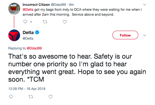 A personalized touch: Delta responds within 3 minutes and signs each tweet with airport-code style initials. 